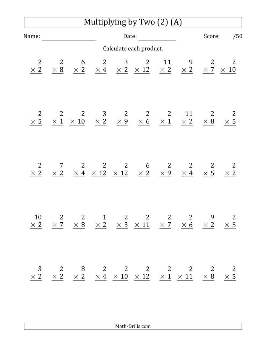 Multiplyingtwo (2) With Factors 1 To 12 (50 Questions) (A) pertaining to Multiplication Worksheets X2