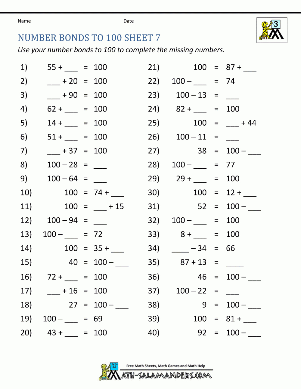 Number Bonds Worksheets To 100 for Printable Multiplication Problems 100