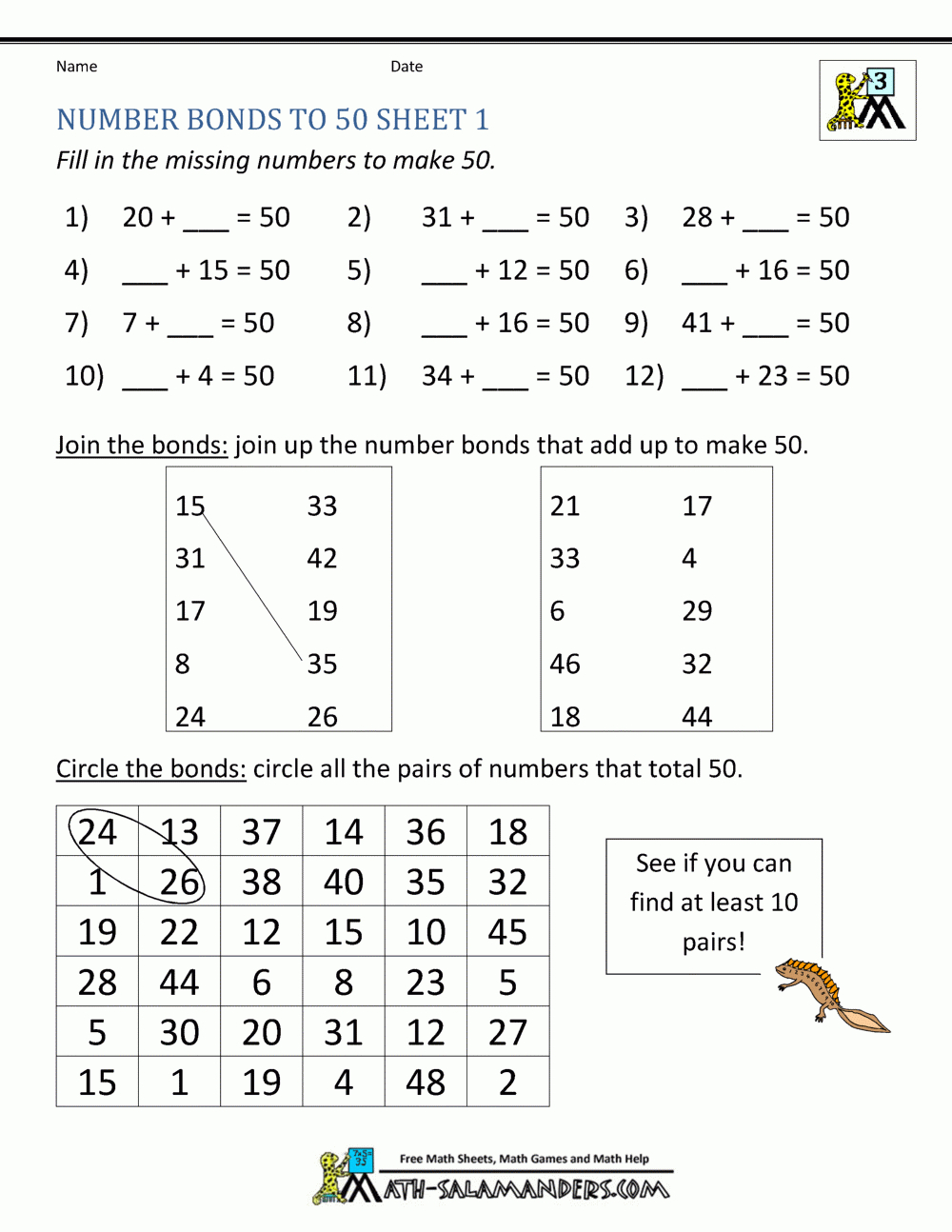 Number Bonds Worksheets To 100 with Multiplication Worksheets 50 Problems