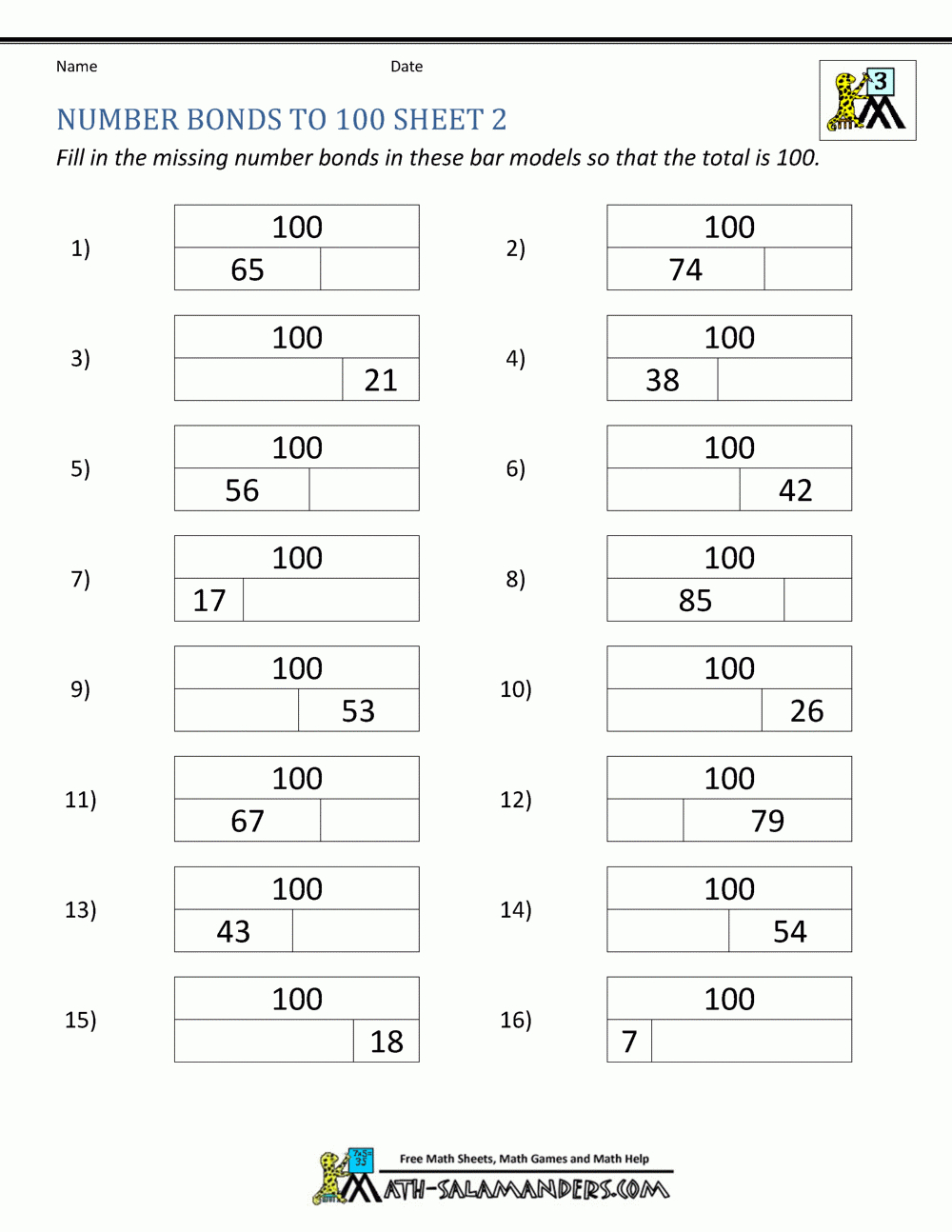 Number Bonds Worksheets To 100 with Multiplication Worksheets 50 Problems