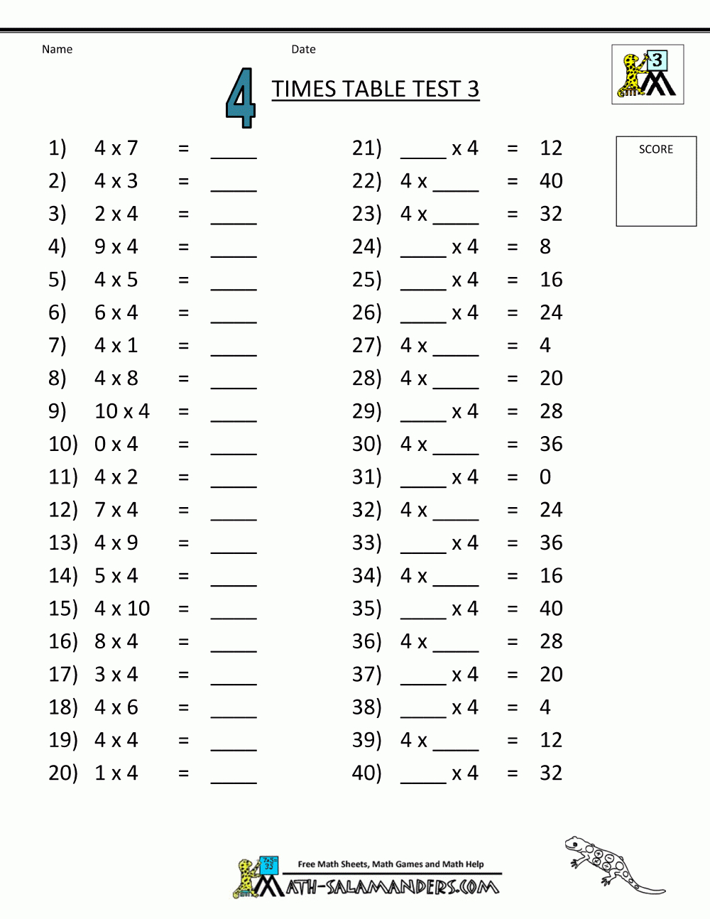 X4 Multiplication Worksheets