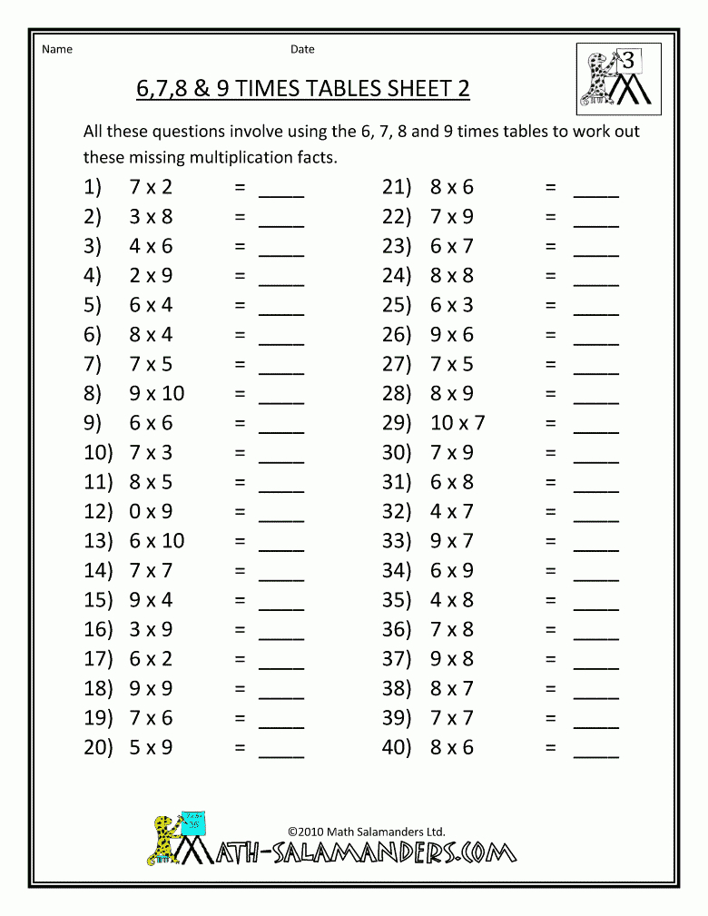 Multiplication Worksheets 9 Tables