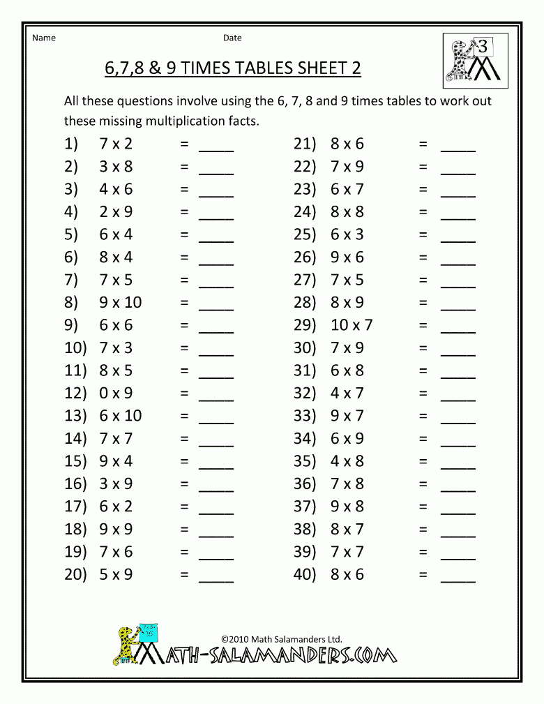 multiplication worksheets 9 tables