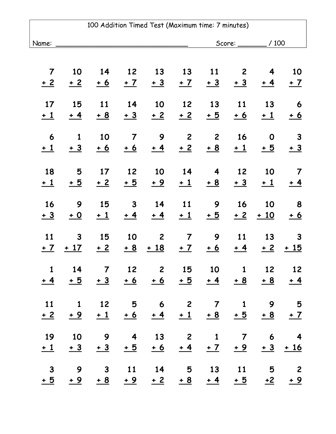 Printable 100 Multiplication Facts Timed Test PrintableMultiplication