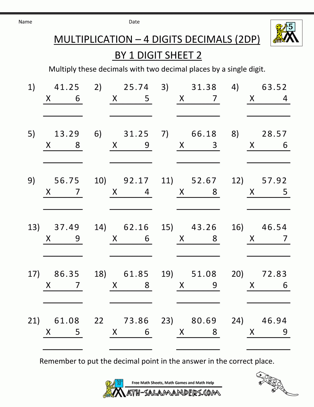 Practice Math Worksheets Multiplication 4 Digits 2Dp1 intended for Multiplication Quiz Printable 4Th Grade