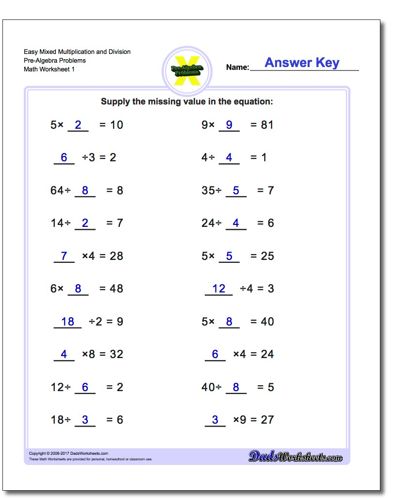 Pre-Algebra within Worksheets In Multiplication And Division