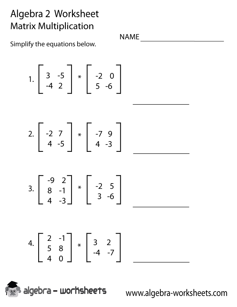 Print The Free Matrix Multiplication Algebra 2 Worksheet inside Printable Multiplication 2X2