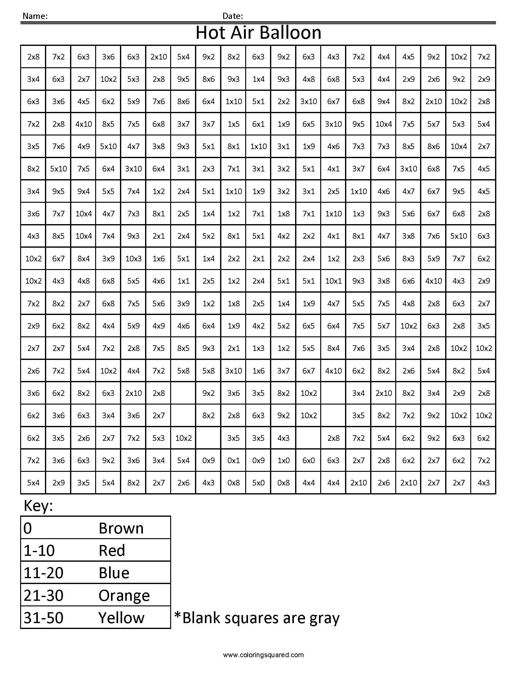 Printable Multiplication Color Worksheet | Hot Air Balloon in Multiplication Worksheets Mystery Picture