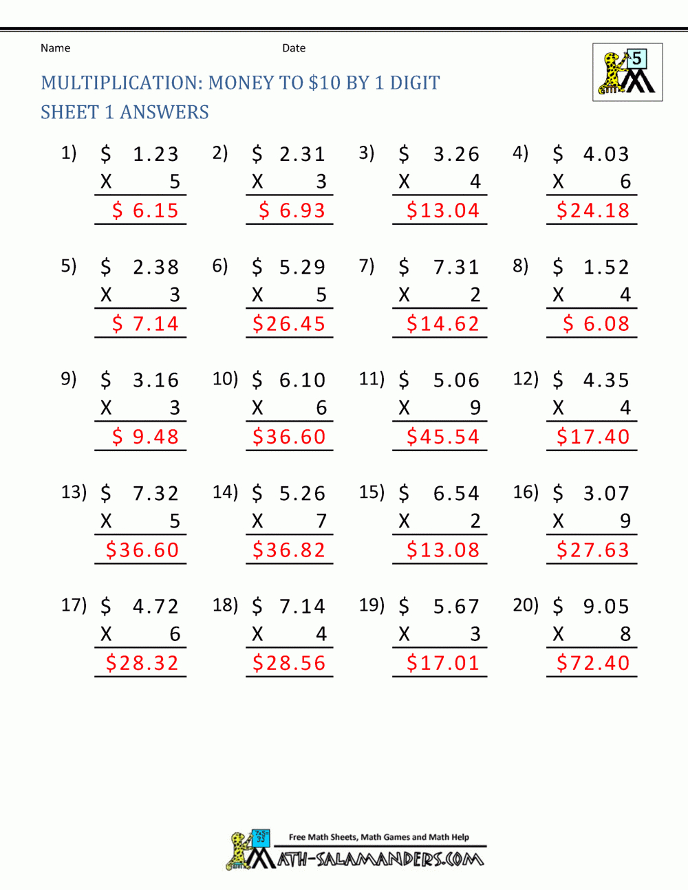 Printable Multiplication Sheet 5Th Grade for Worksheets Multiplication Of Decimals