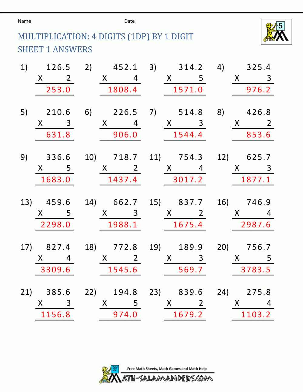 Printable Multiplication Sheets 5Th Grade for Worksheets Multiplication Of Decimals