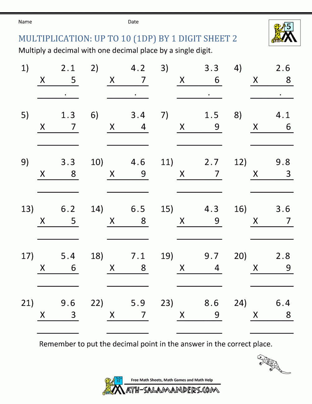 Decimal Multiplication Worksheets Ks2