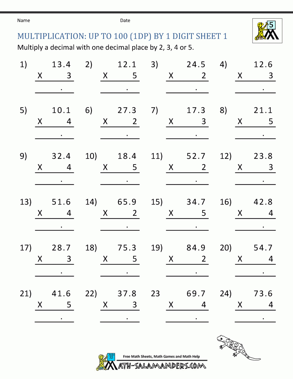 Printable Multiplication Sheets 5Th Grade pertaining to Worksheets Multiplication Of Decimals