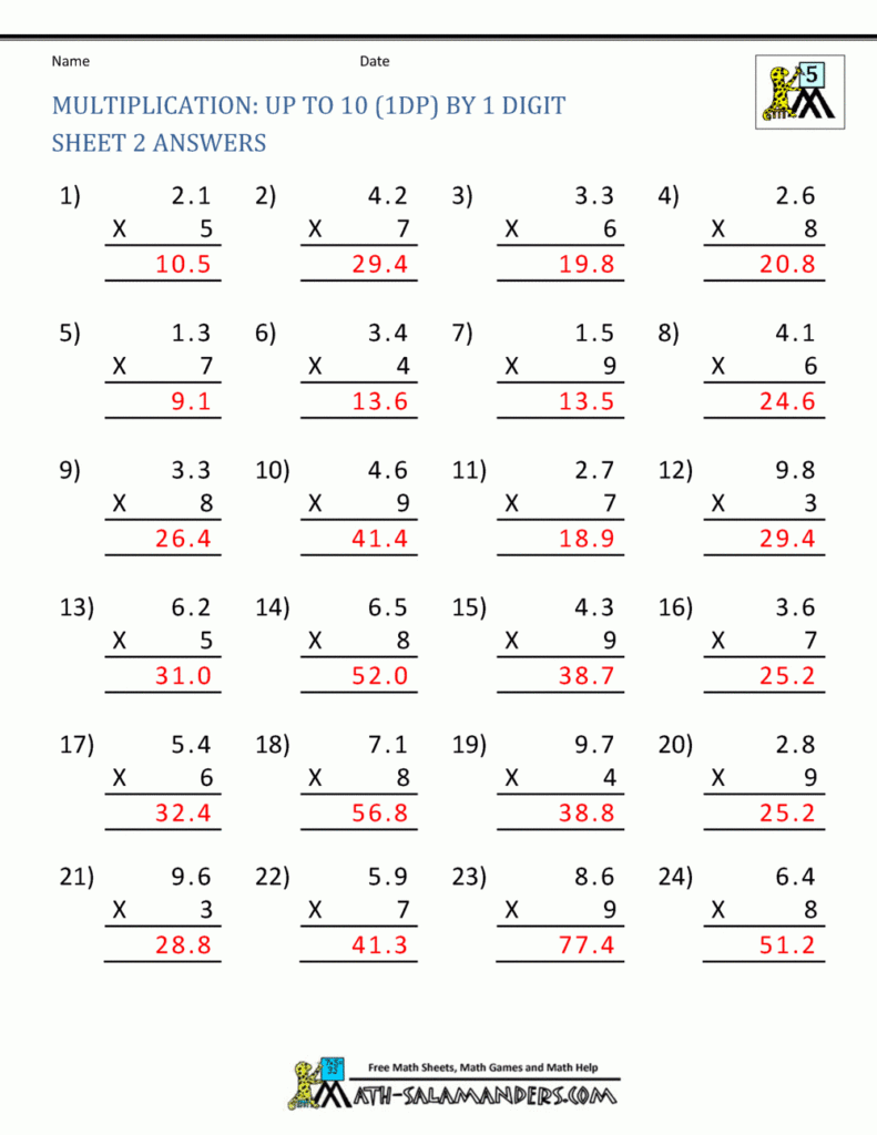 Printable Multiplication Sheets 5Th Grade Regarding Worksheets Multiplication Of Decimals