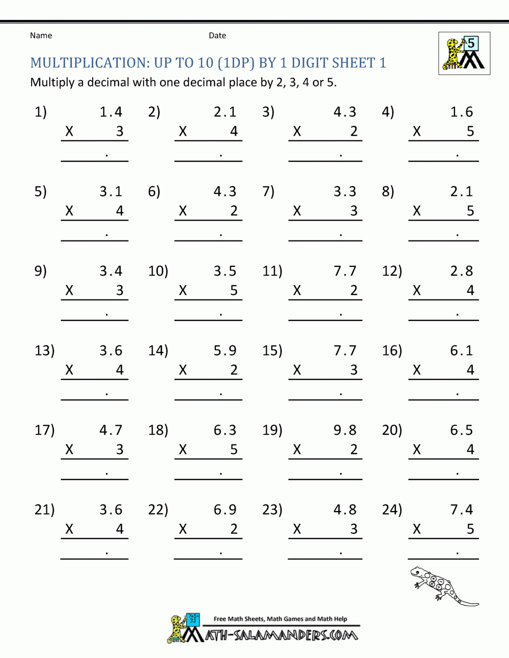 Free Printable Multiplication Worksheets Grade 5