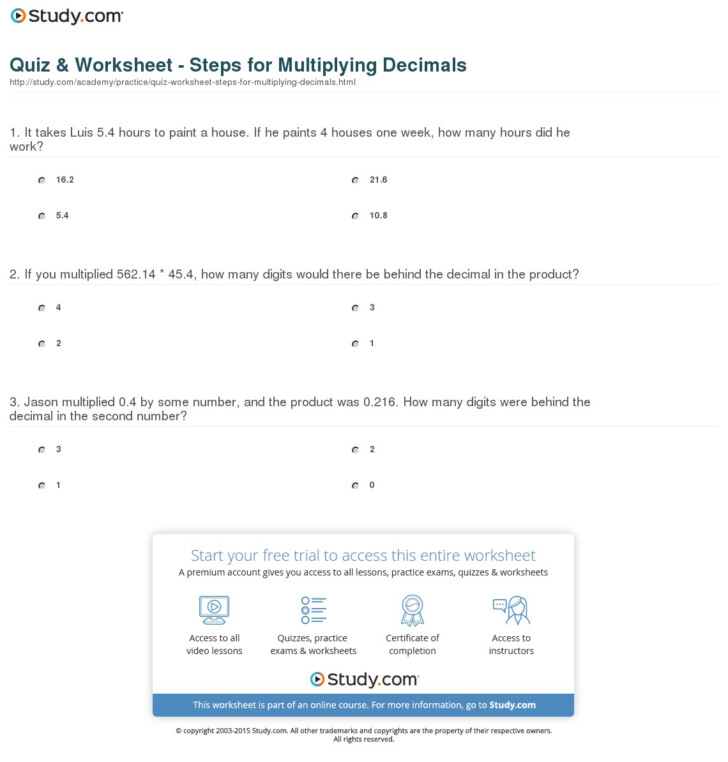 Worksheets Multiplication Of Decimals