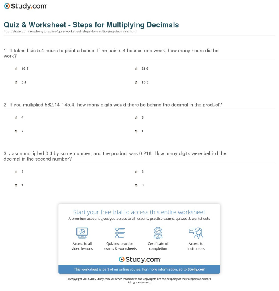 Quiz & Worksheet   Steps For Multiplying Decimals | Study Inside Worksheets Multiplication Of Decimals