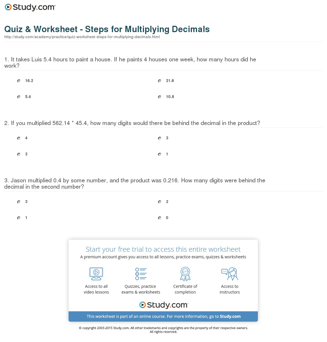 Quiz &amp;amp; Worksheet - Steps For Multiplying Decimals | Study inside Worksheets Multiplication Of Decimals