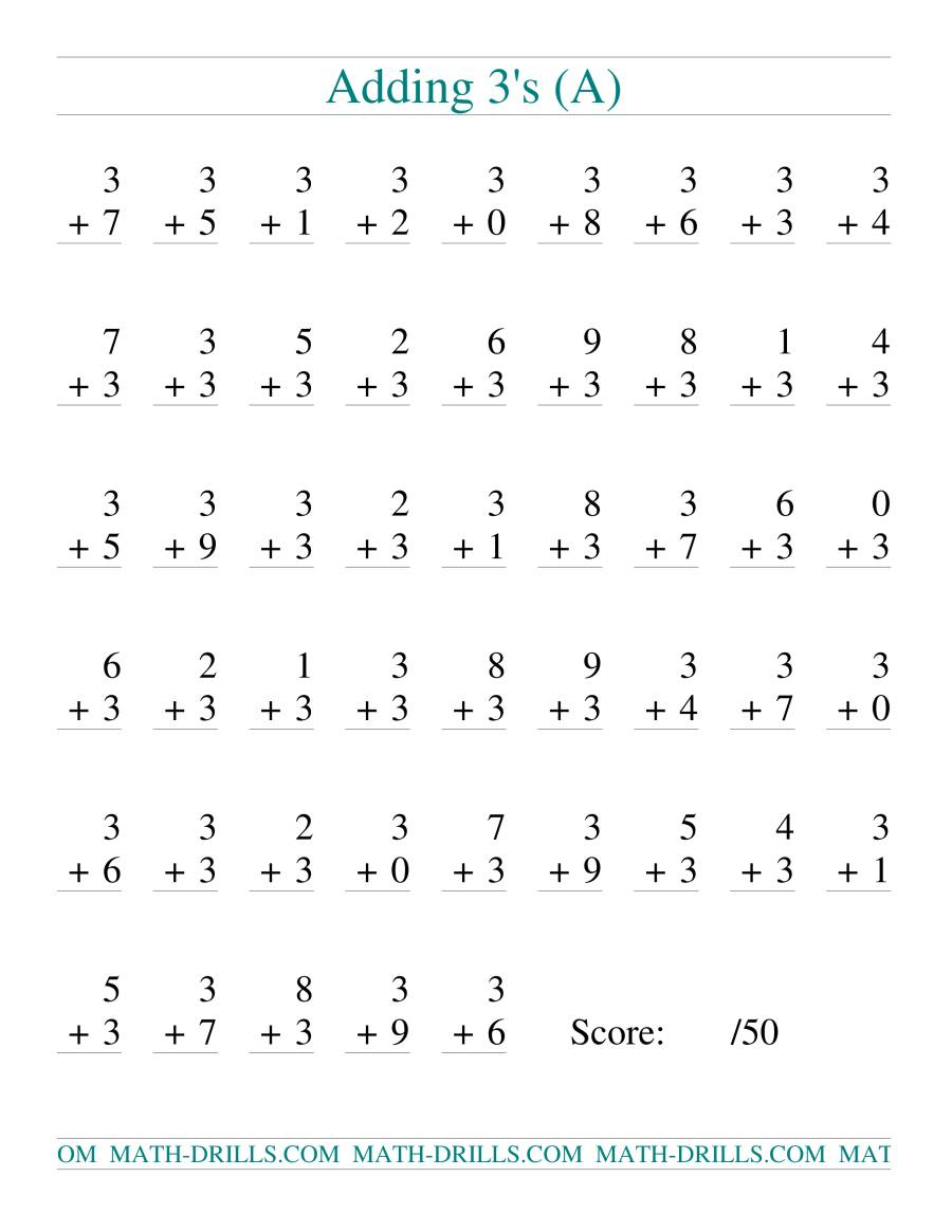 Single Digit Addition -- 50 Vertical Questions -- Adding inside Multiplication Worksheets Vertical