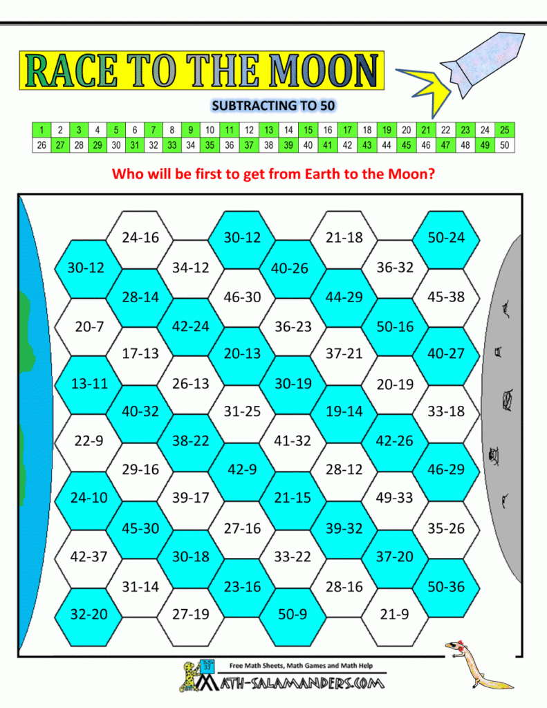 Subtraction Math Games Race To The Moon Subtracting To 50 Within Multiplication Race Printable Subtraction Math Games Race To The Moon Subtracting To 50 Within Multiplication Race Printable