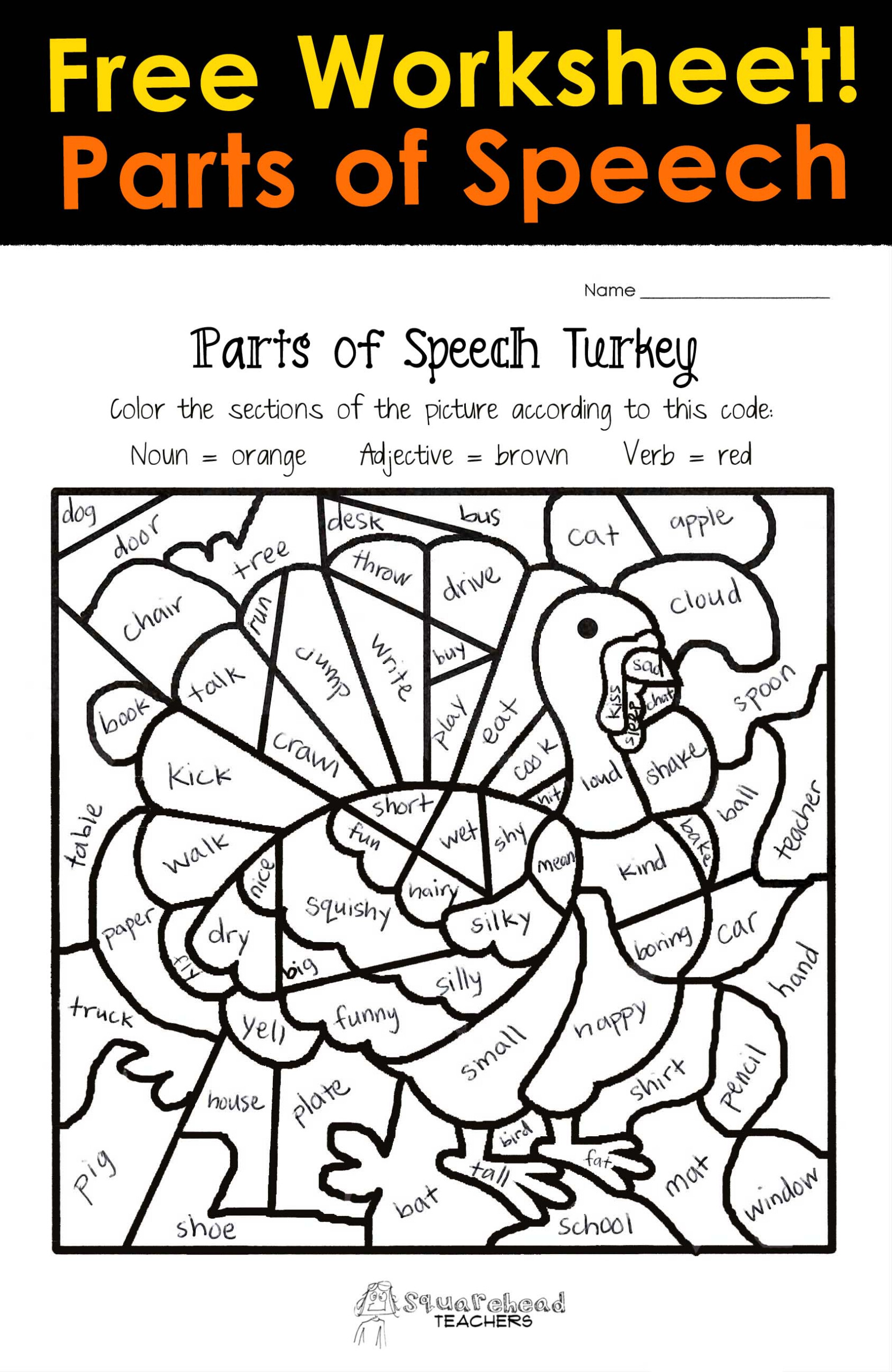 Thanksgiving Parts Of Speech Worksheet | Squarehead Teachers pertaining to Printable Multiplication Turkey