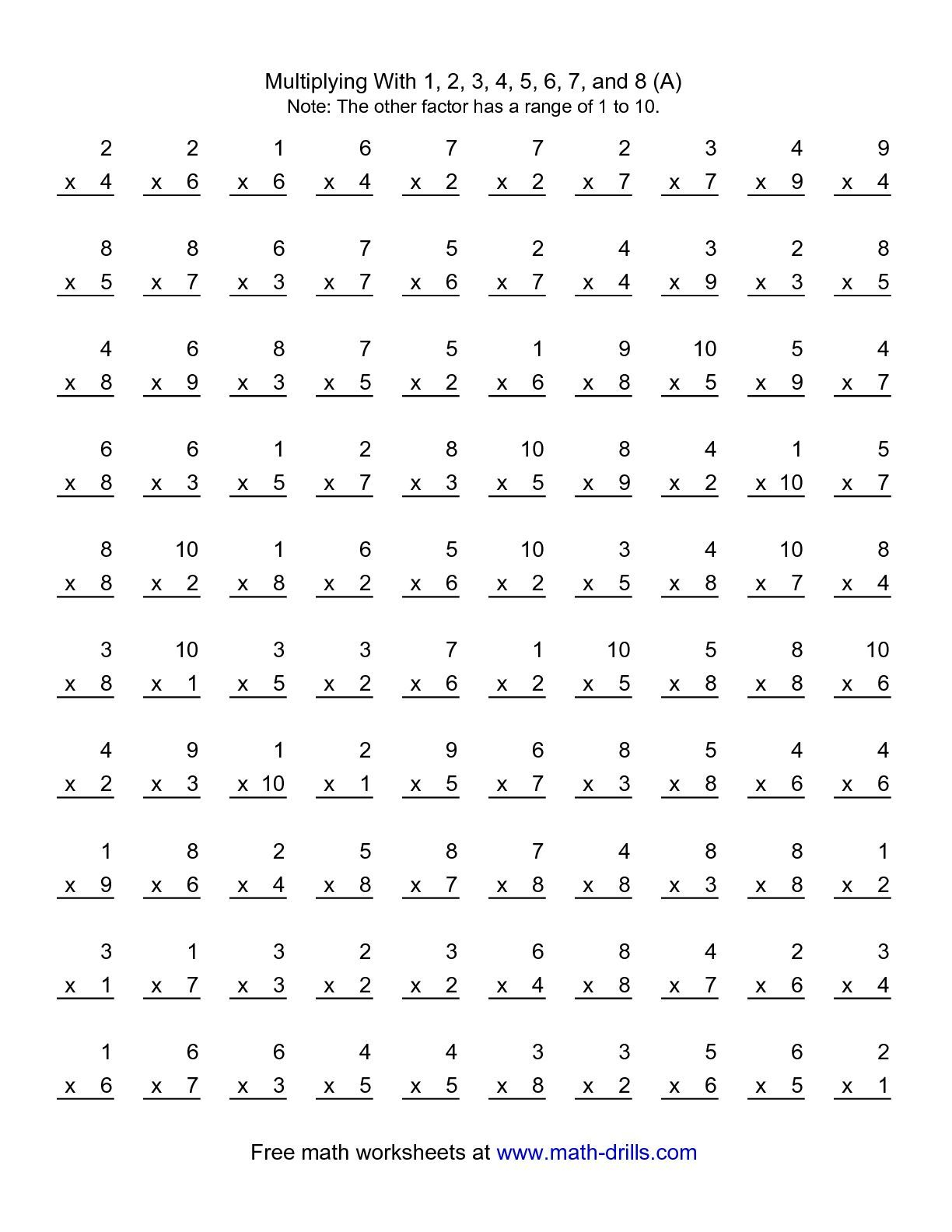 The 100 Vertical Questions -- Multiplication Facts -- 1-8 intended for Multiplication Worksheets Vertical