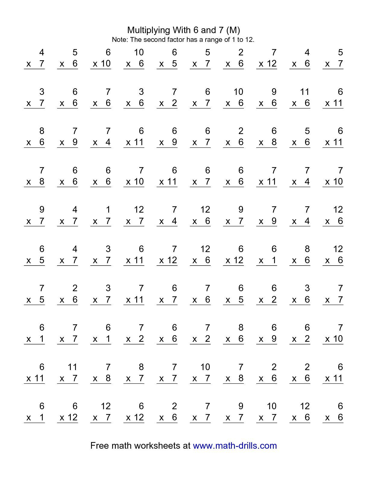 The 100 Vertical Questions -- Multiplication Facts -- 6-7 regarding Printable Multiplication Sheets 1-12