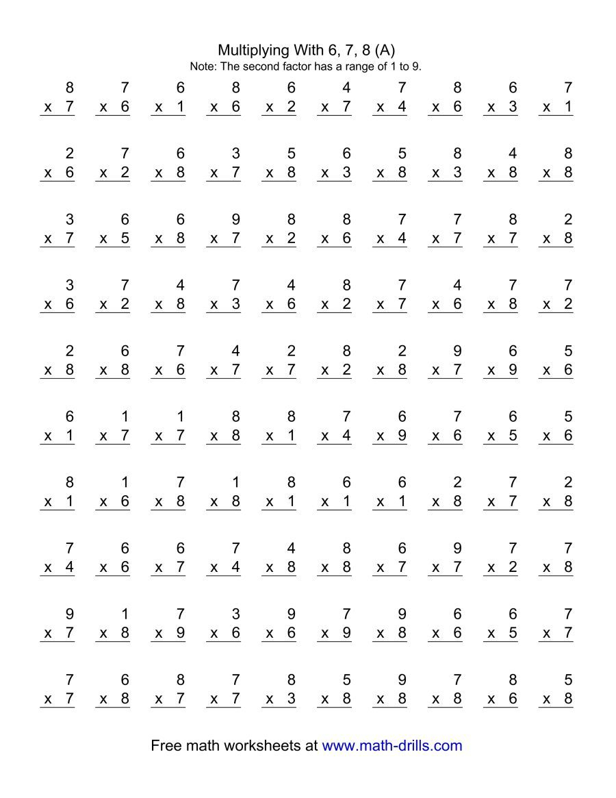 The 100 Vertical Questions — Multiplication Facts — 6-8 in Multiplication Worksheets 6S And 7S The 100 Vertical Questions -- Multiplication Facts -- 6-8 in Multiplication Worksheets 6S And 7S