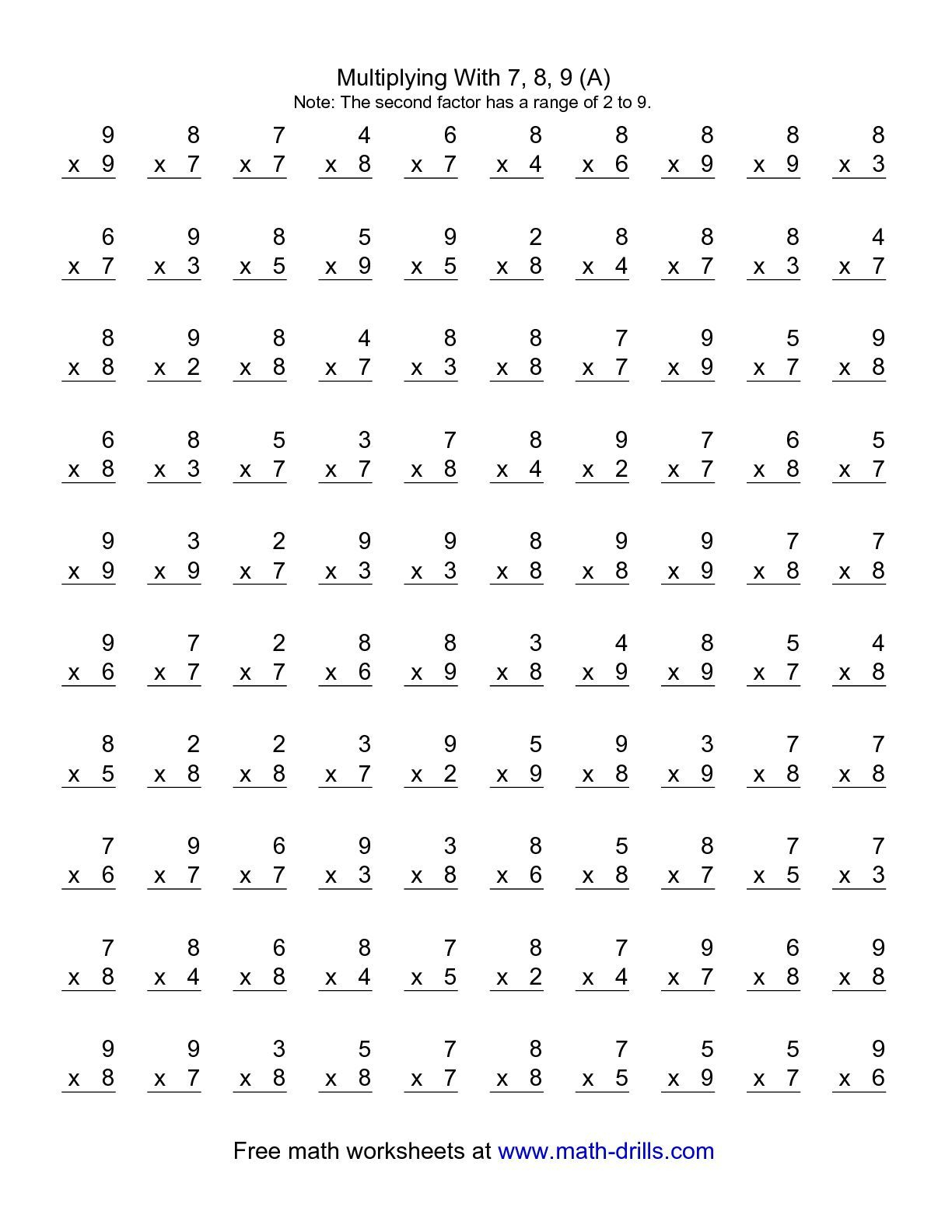 The 100 Vertical Questions — Multiplication Facts — 7-9 with regard to Multiplication Worksheets Vertical The 100 Vertical Questions -- Multiplication Facts -- 7-9 with regard to Multiplication Worksheets Vertical