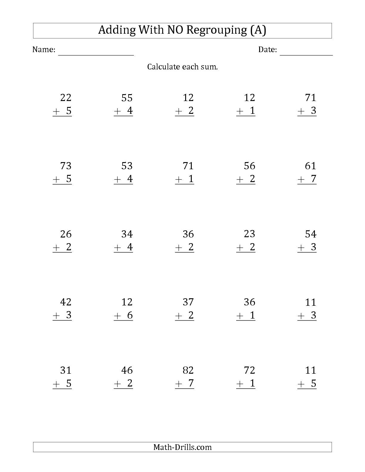 The 2-Digit Plus 1-Digit Addition With No Regrouping (A throughout Multiplication Worksheets Regrouping