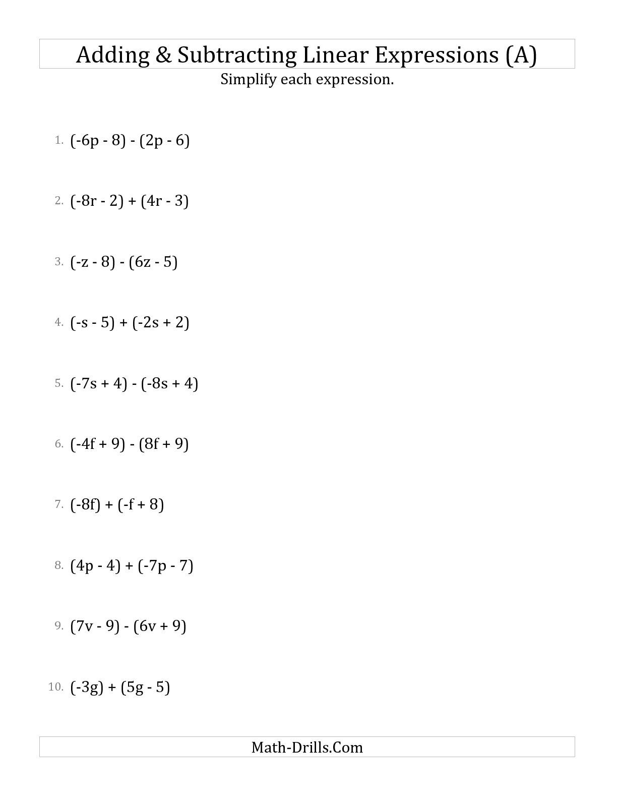 The Adding And Subtracting And Simplifying Linear inside Printable Multiplication Worksheets 7&amp;amp;#039;s And 8&amp;amp;#039;s