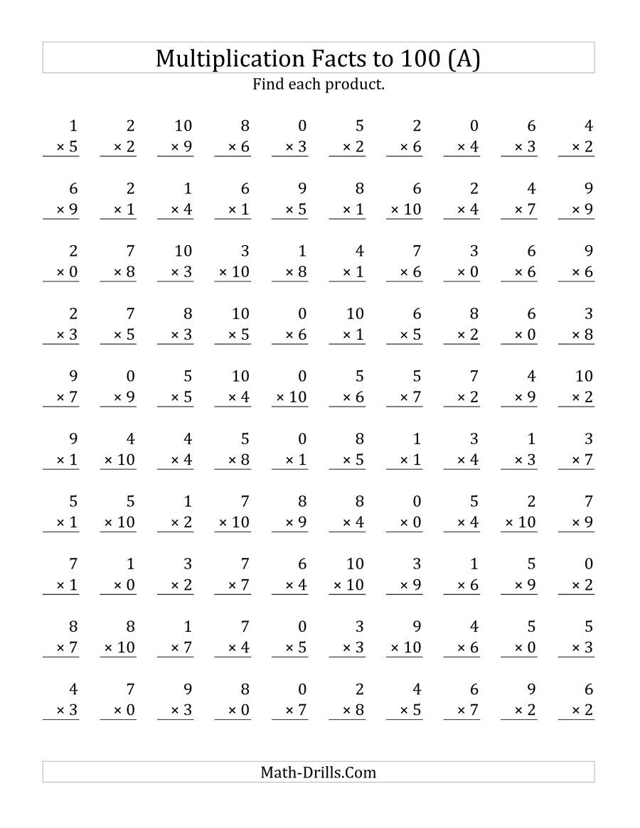 The Multiplication Facts To 100 Including Zeros (A) Math with regard to Printable Multiplication Facts Test