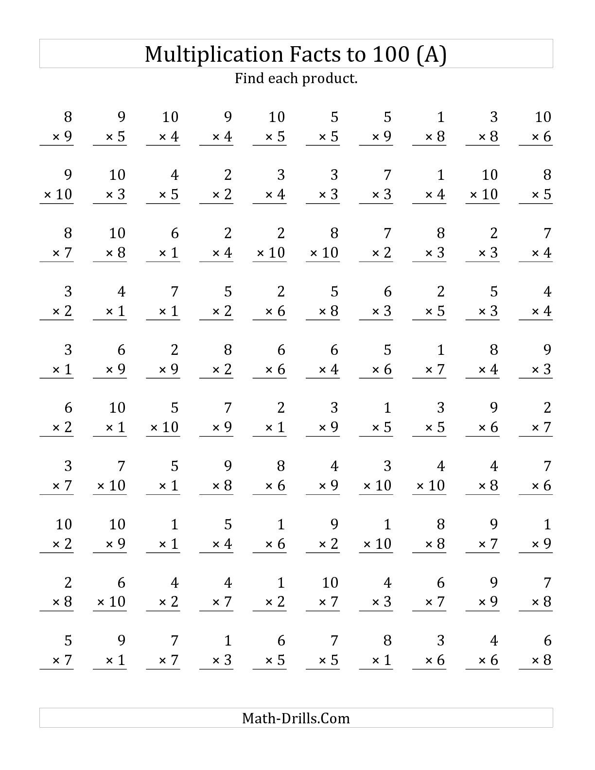The Multiplication Facts To 100 No Zeros (A) Math Worksheet for Printable Multiplication Problems 100