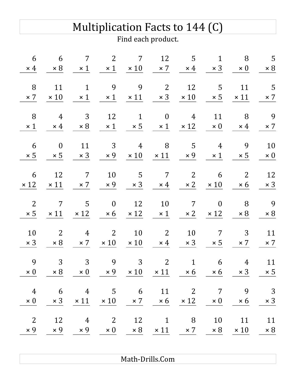 The Multiplication Facts To 144 Including Zeros (C) Math in Printable Multiplication Facts Test