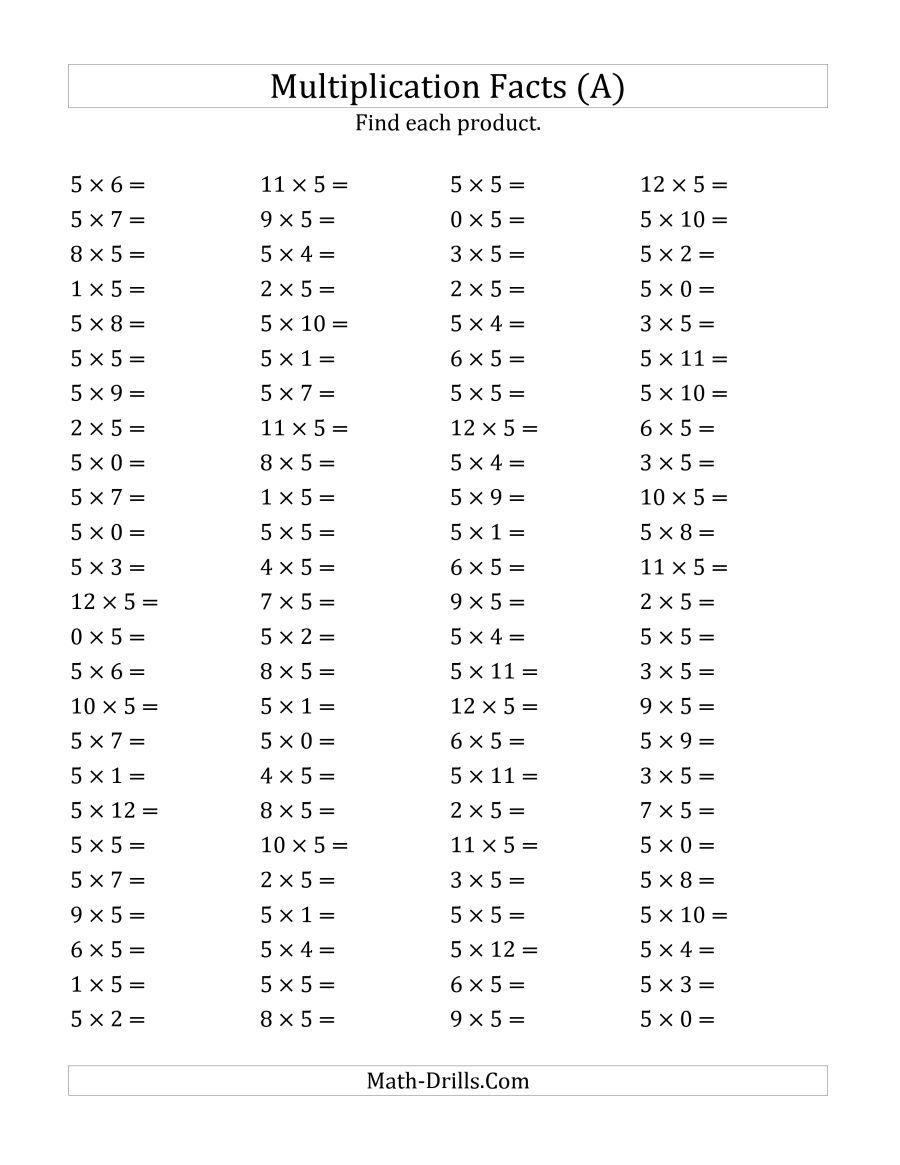 The Multiplying 0 To 125 (A) Math Worksheet From The with regard to Printable Multiplication Worksheets 0-10