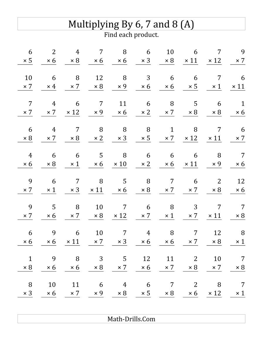 The Multiplying 1 To 126, 7 And 8 (A) Math Worksheet for Printable Multiplication 8