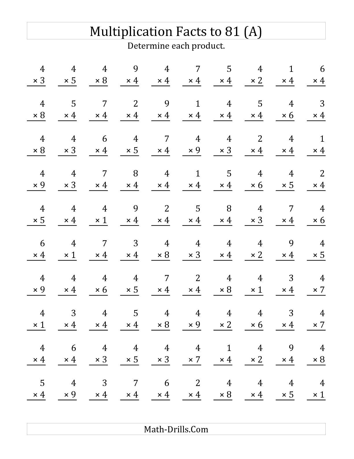 The Multiplying (1 To 9)4 (A) | Maths Worksheet within Printable Multiplication Facts Test