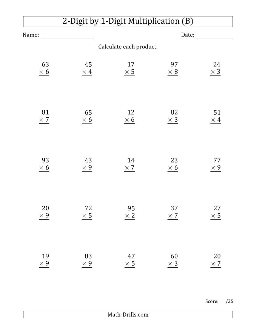 The Multiplying 2-Digit1-Digit Numbers (B) Math in Printable Multiplication By 2