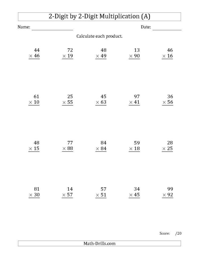 The Multiplying 2 Digit2 Digit Numbers (A) Math Throughout Worksheets Multiplication 2