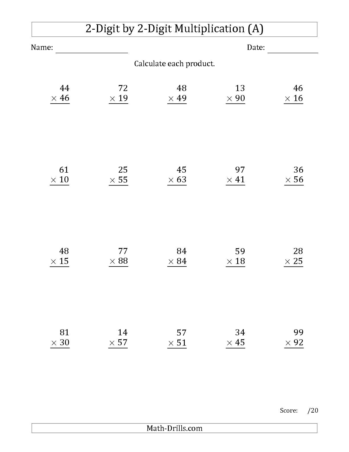 The Multiplying 2-Digit2-Digit Numbers (A) Math throughout Worksheets Multiplication 2