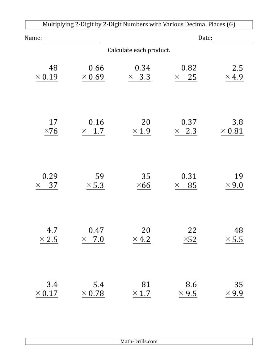 Worksheets Multiplication Of Decimals