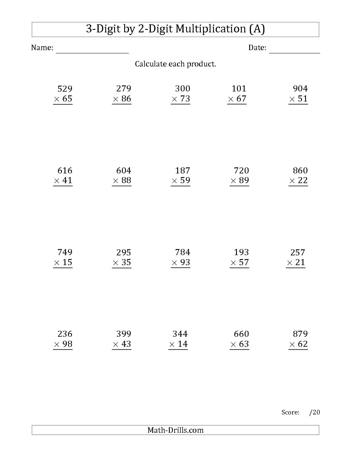 The Multiplying 3-Digit2-Digit Numbers (A) Math intended for Multiplication Worksheets Number 2