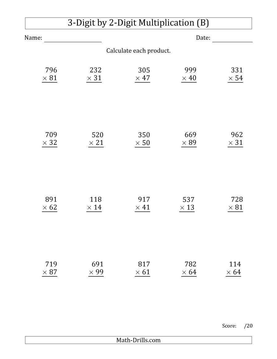 The Multiplying 3-Digit2-Digit Numbers (B) Math pertaining to Multiplication Worksheets 9Th Grade