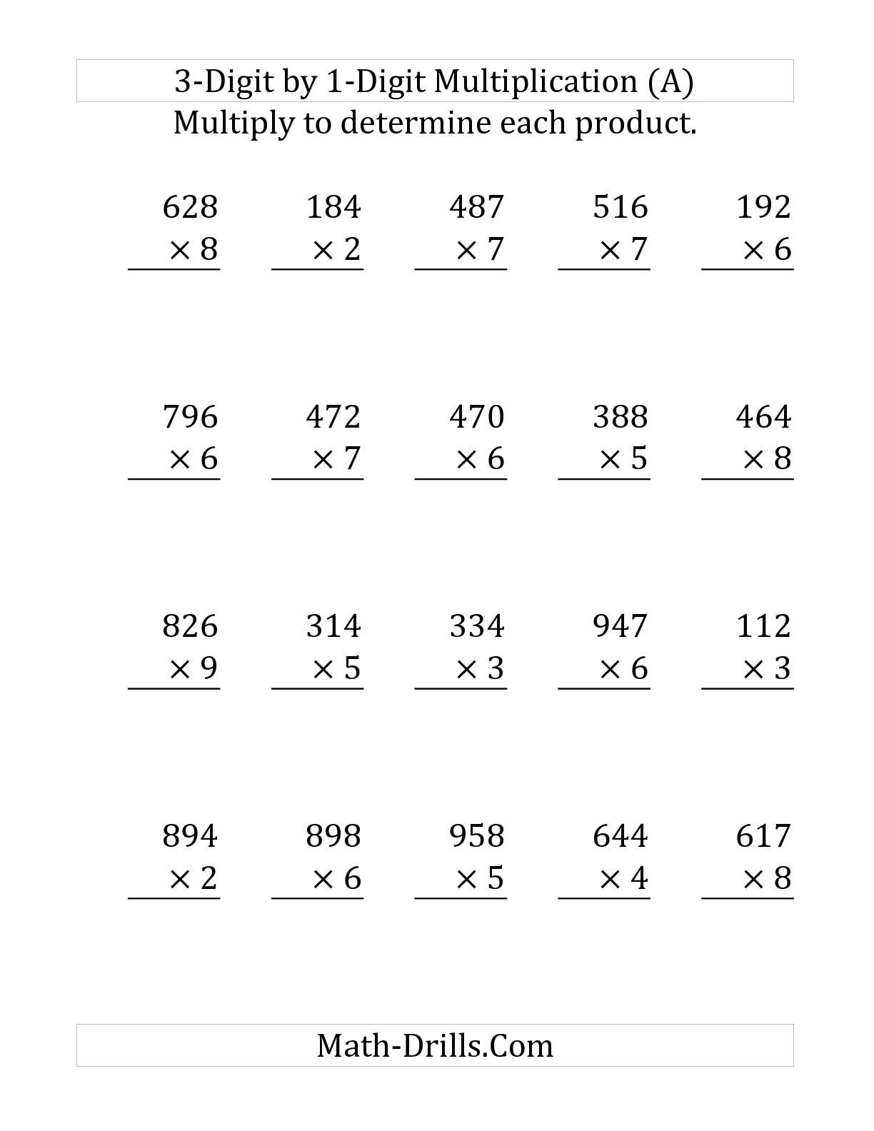 The Multiplying A 3-Digit Numbera 1-Digit Number (Large regarding Free Printable Long Multiplication