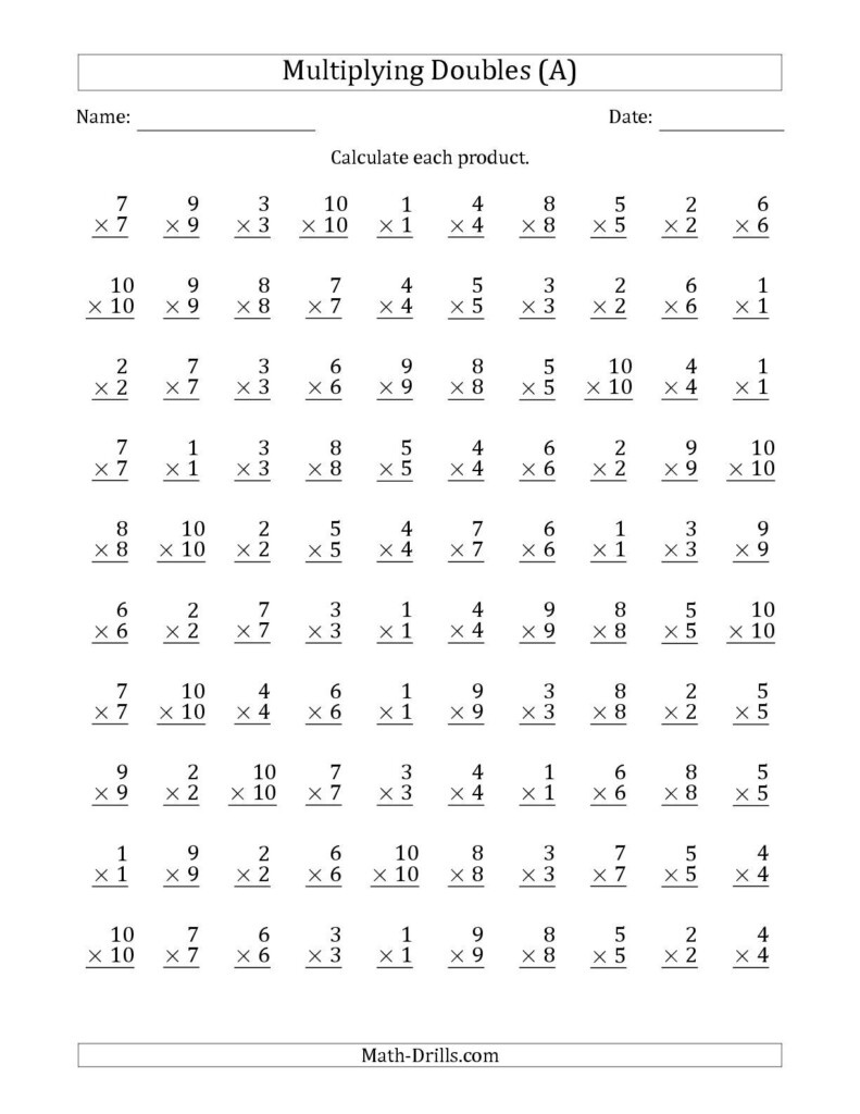 The Multiplying Doubles From 1 To 10 With 100 Questions Per For Printable 100 Multiplication Facts Timed Test