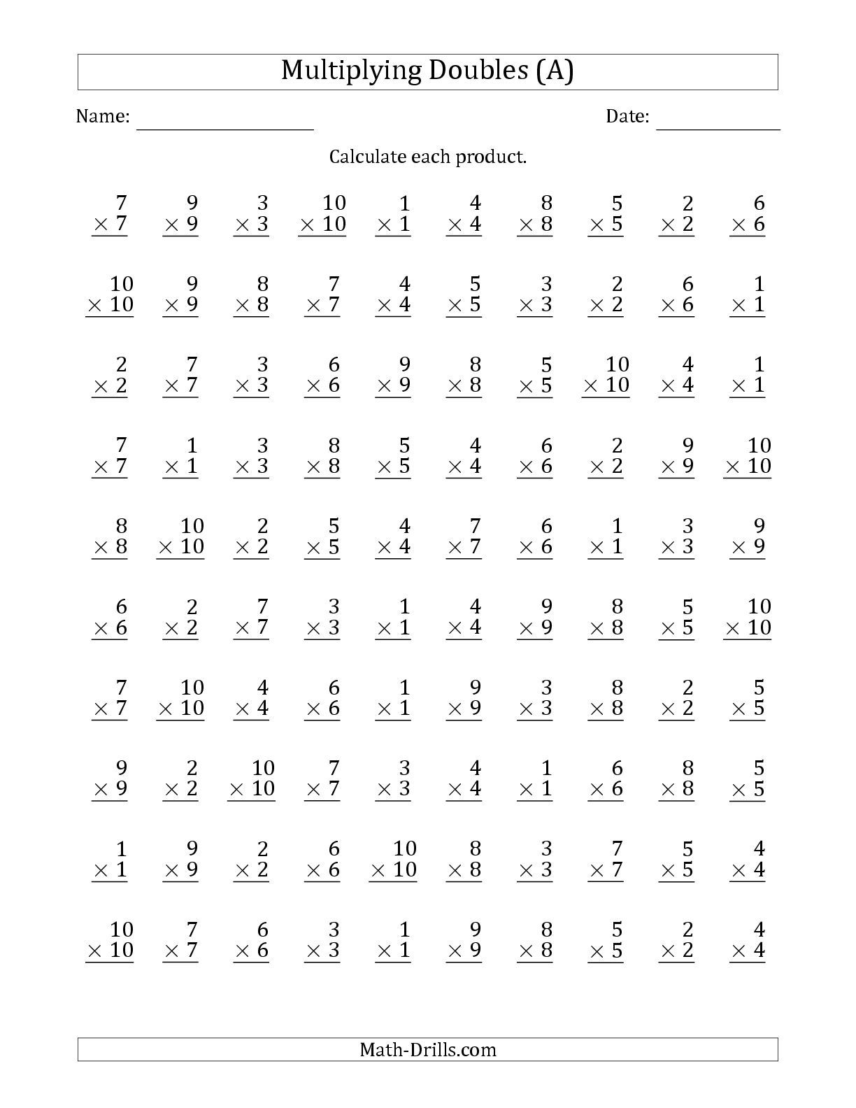 The Multiplying Doubles From 1 To 10 With 100 Questions Per for Printable 100 Multiplication Facts Timed Test