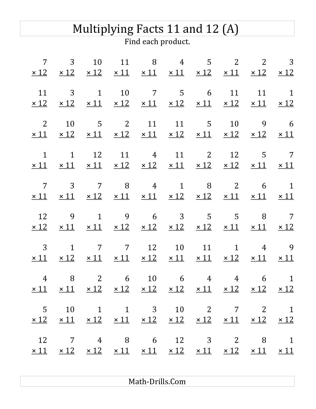 The Multiplyingfacts 11 And 12 (Other Factor 1 To 12) (A for Printable Multiplication Facts Quiz