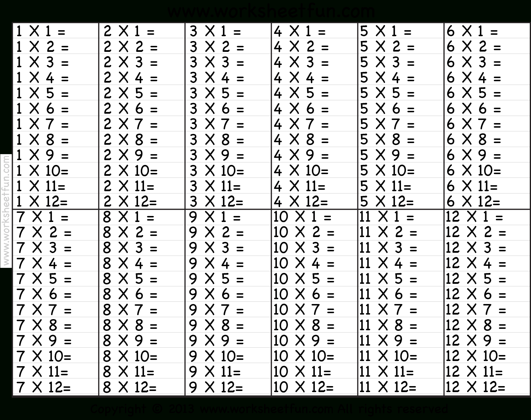 Times Table – 2-12 Worksheets – 1, 2, 3, 4, 5, 6, 7, 8, 9 inside Printable Multiplication Worksheets 2-12