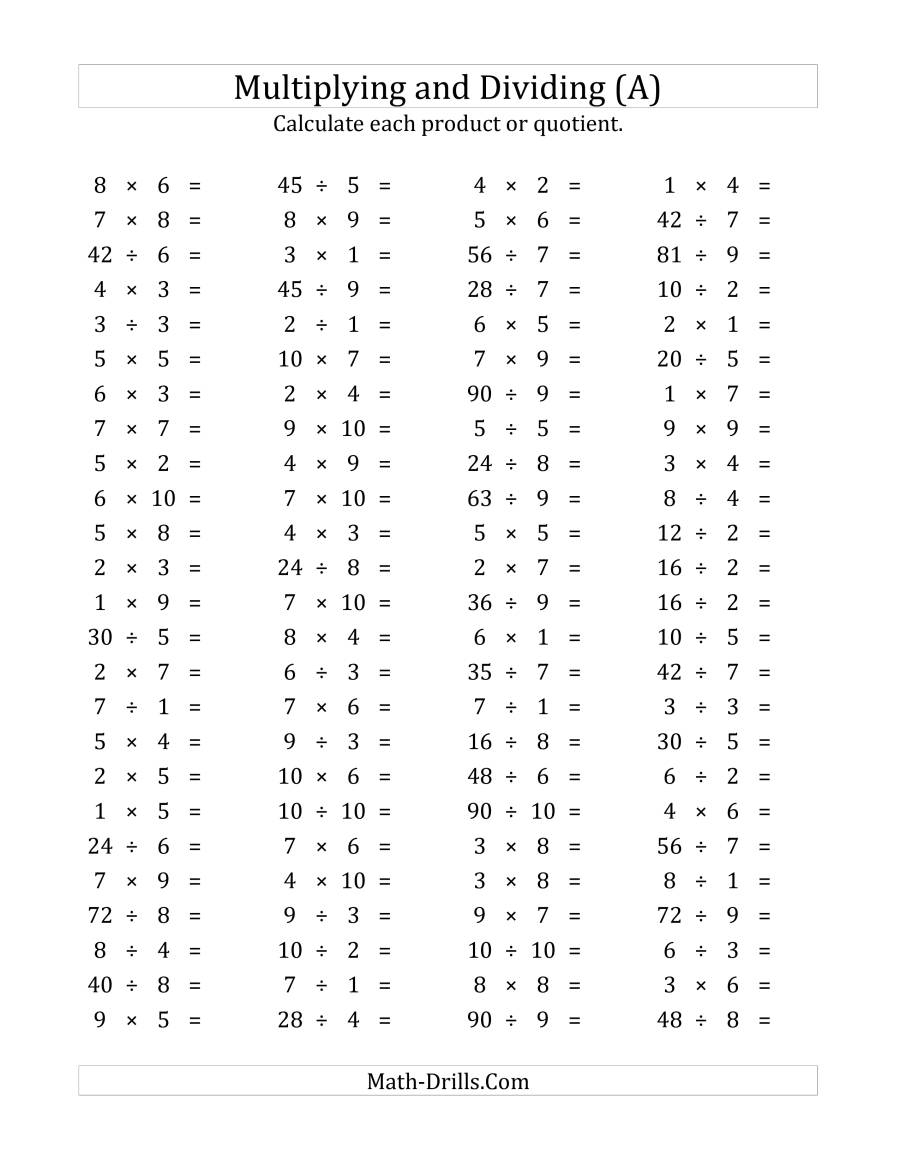 100 Horizontal Multiplication/division Questions (Facts 1 To intended for Multiplication Worksheets Mixed