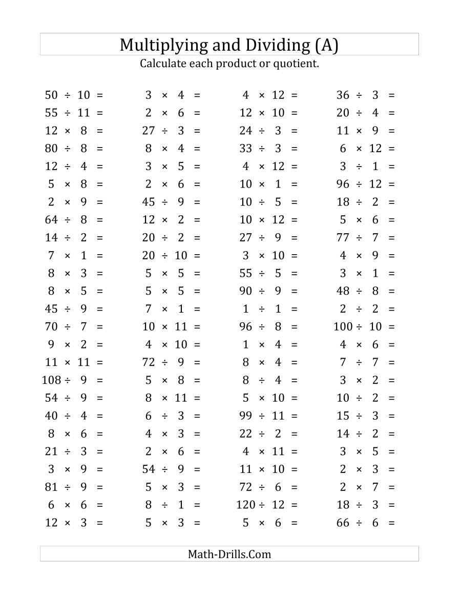 100 Horizontal Multiplication/division Questions (Facts 1 To pertaining to Multiplication Worksheets Quiz