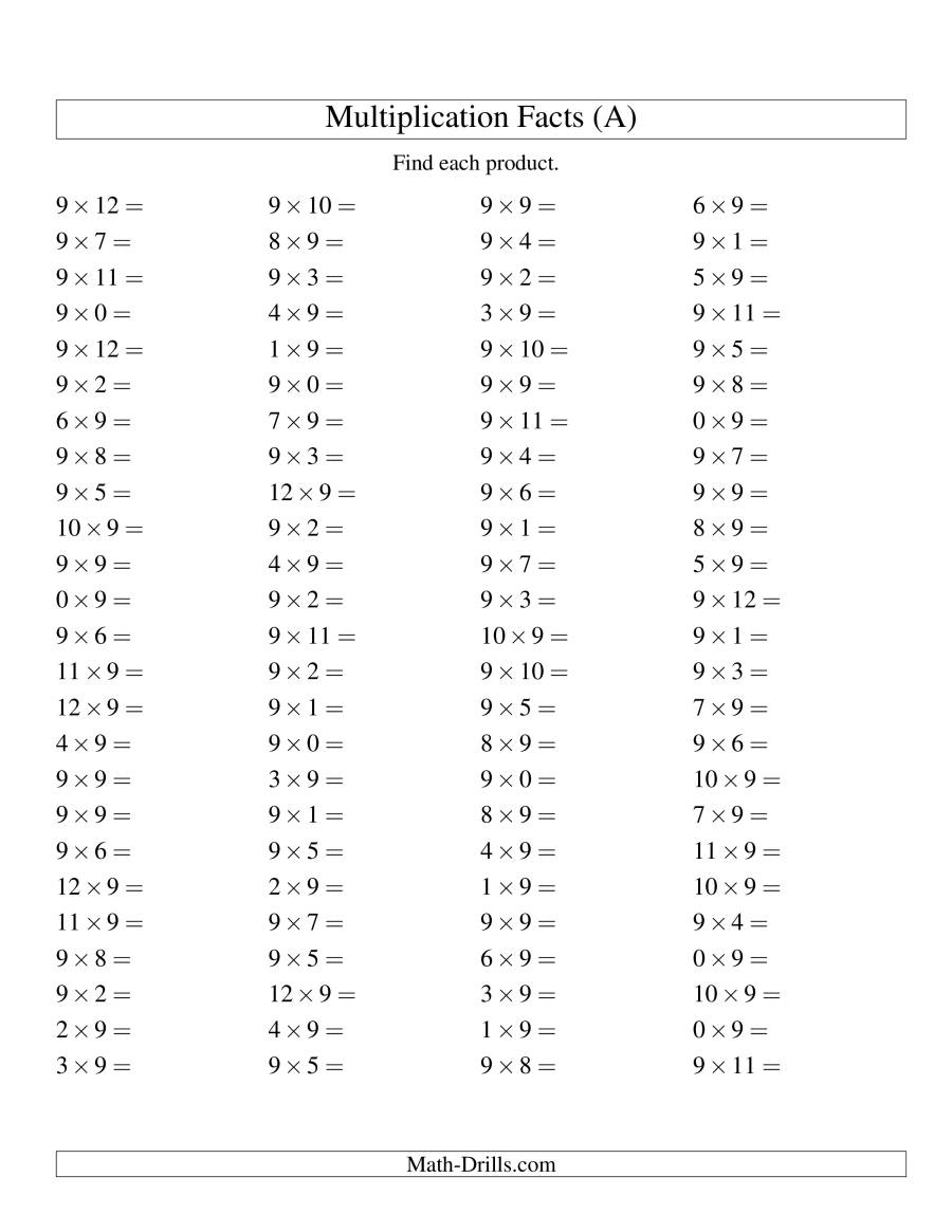 100 Horizontal Questions -- 90-12 (A) in Printable Multiplication 0-12